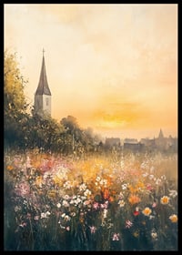 A poster depicting a sunset over a blooming meadow with a charming church-6
