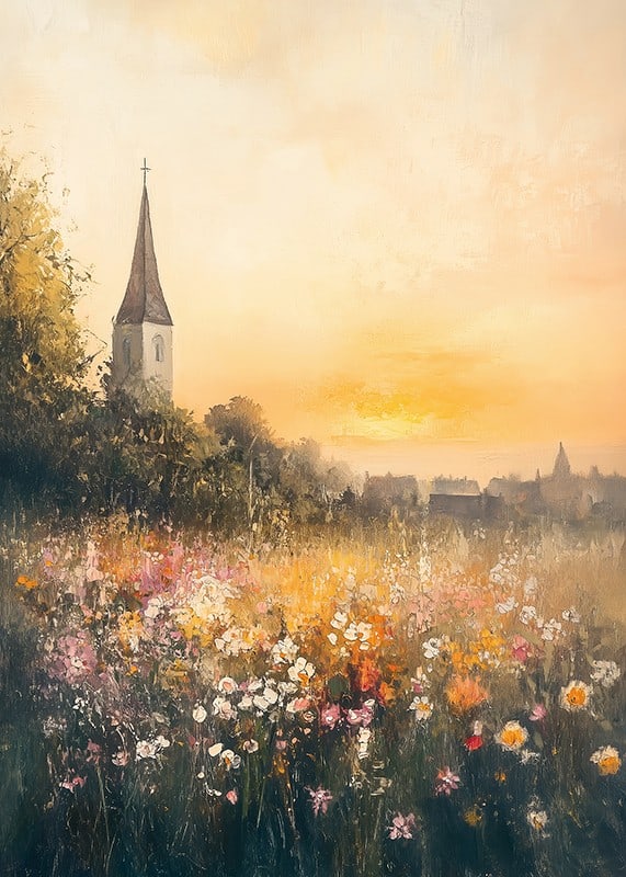 A poster depicting a sunset over a blooming meadow with a charming church-12