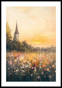 A poster depicting a sunset over a blooming meadow with a charming church-0