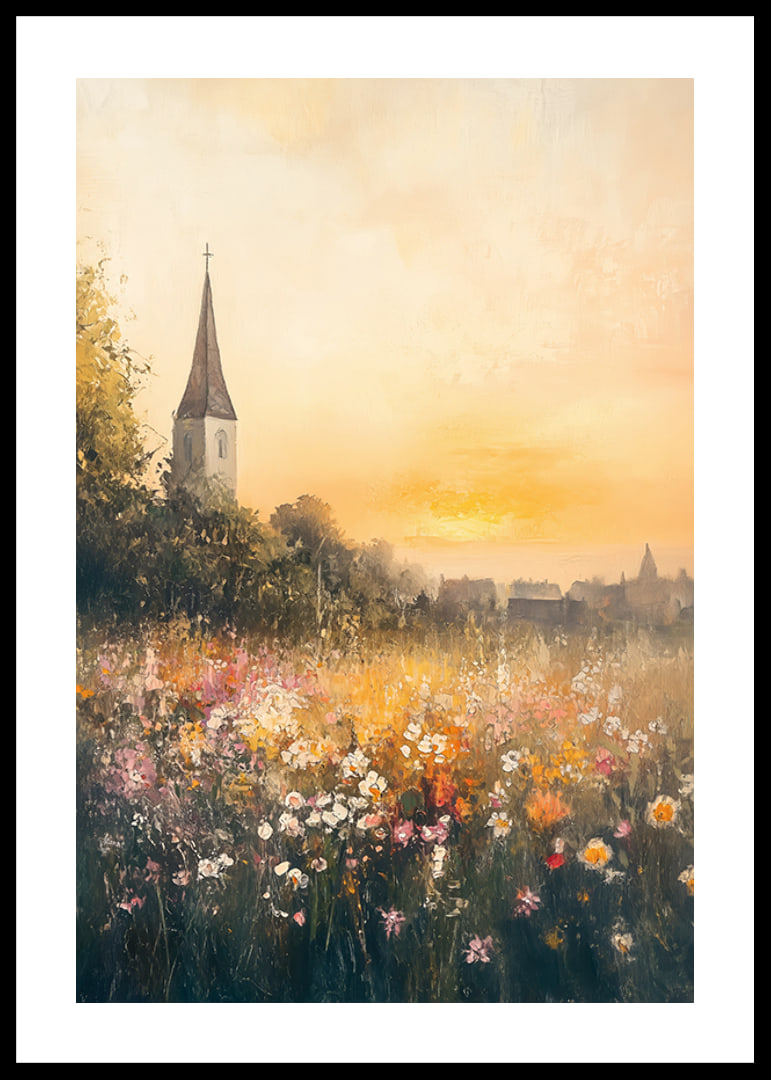 A poster depicting a sunset over a blooming meadow with a charming church-12