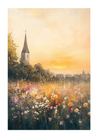 A poster depicting a sunset over a blooming meadow with a charming church-1