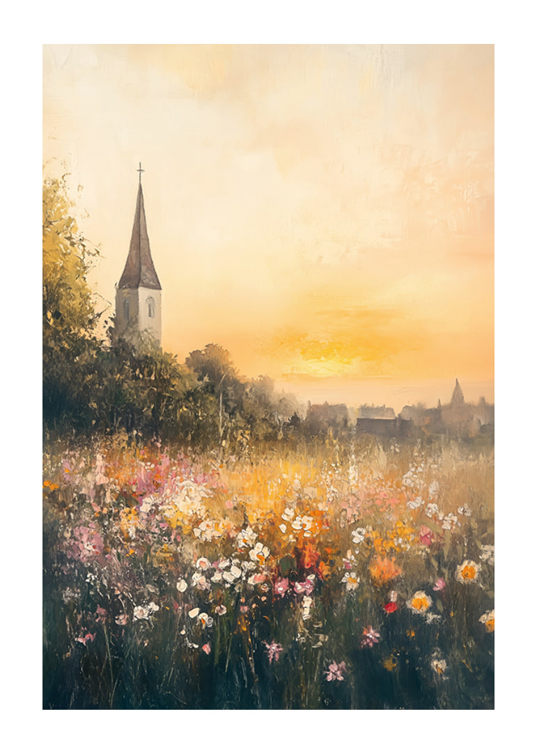 A poster depicting a sunset over a blooming meadow with a charming church-12