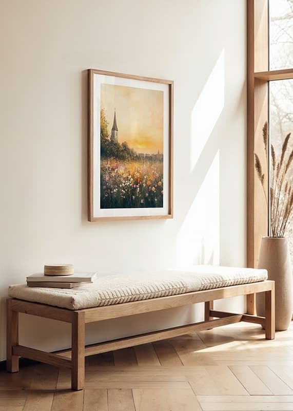 A poster depicting a sunset over a blooming meadow with a charming church-12