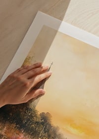 A poster depicting a sunset over a blooming meadow with a charming church-9