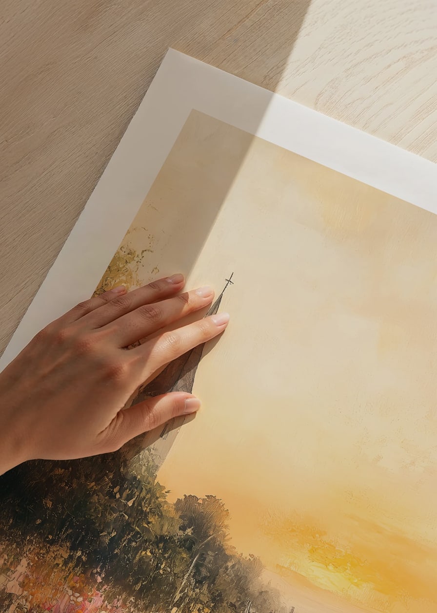 A poster depicting a sunset over a blooming meadow with a charming church-12