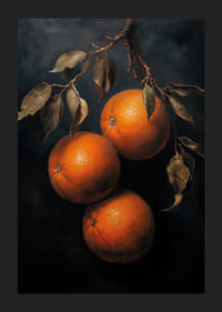 Un cartel con naranjas doradas sobre un fondo oscuro.-1