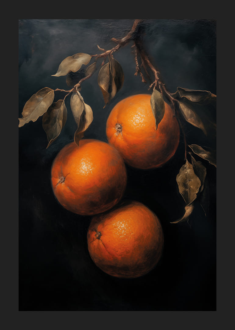 Un cartel con naranjas doradas sobre un fondo oscuro.-12