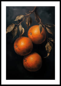 Un cartel con naranjas doradas sobre un fondo oscuro.-2