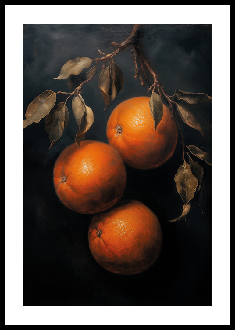Un cartel con naranjas doradas sobre un fondo oscuro.-12