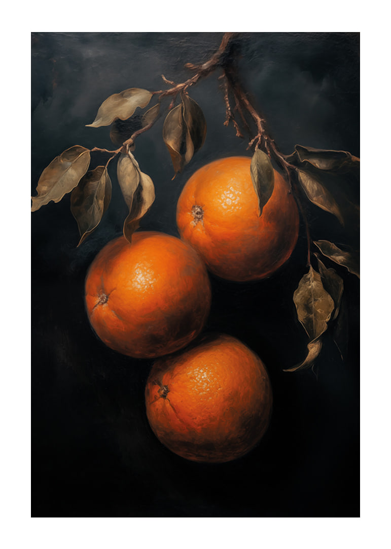 A poster with golden oranges against a dark background-12