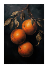 Un cartel con naranjas doradas sobre un fondo oscuro.-3