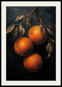 Un cartel con naranjas doradas sobre un fondo oscuro.-4