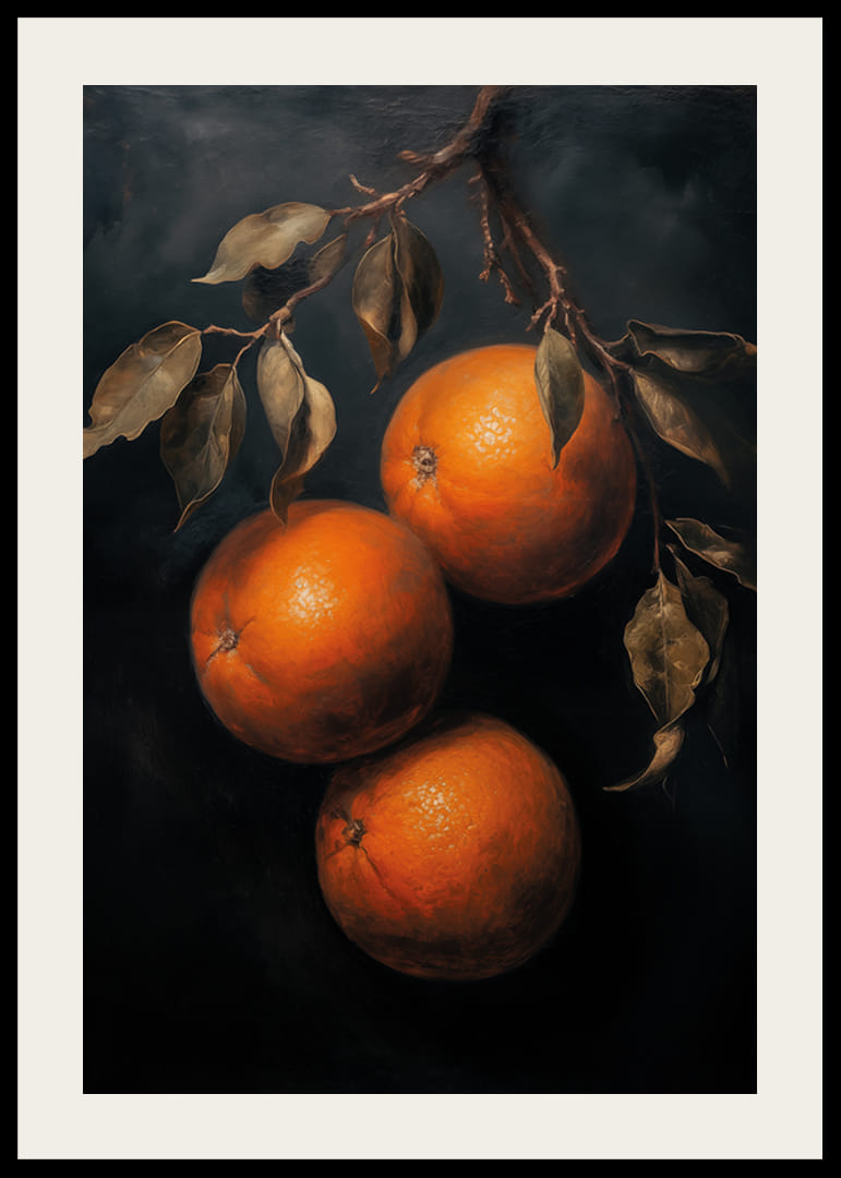 Un cartel con naranjas doradas sobre un fondo oscuro.-12