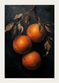 Un cartel con naranjas doradas sobre un fondo oscuro.-5