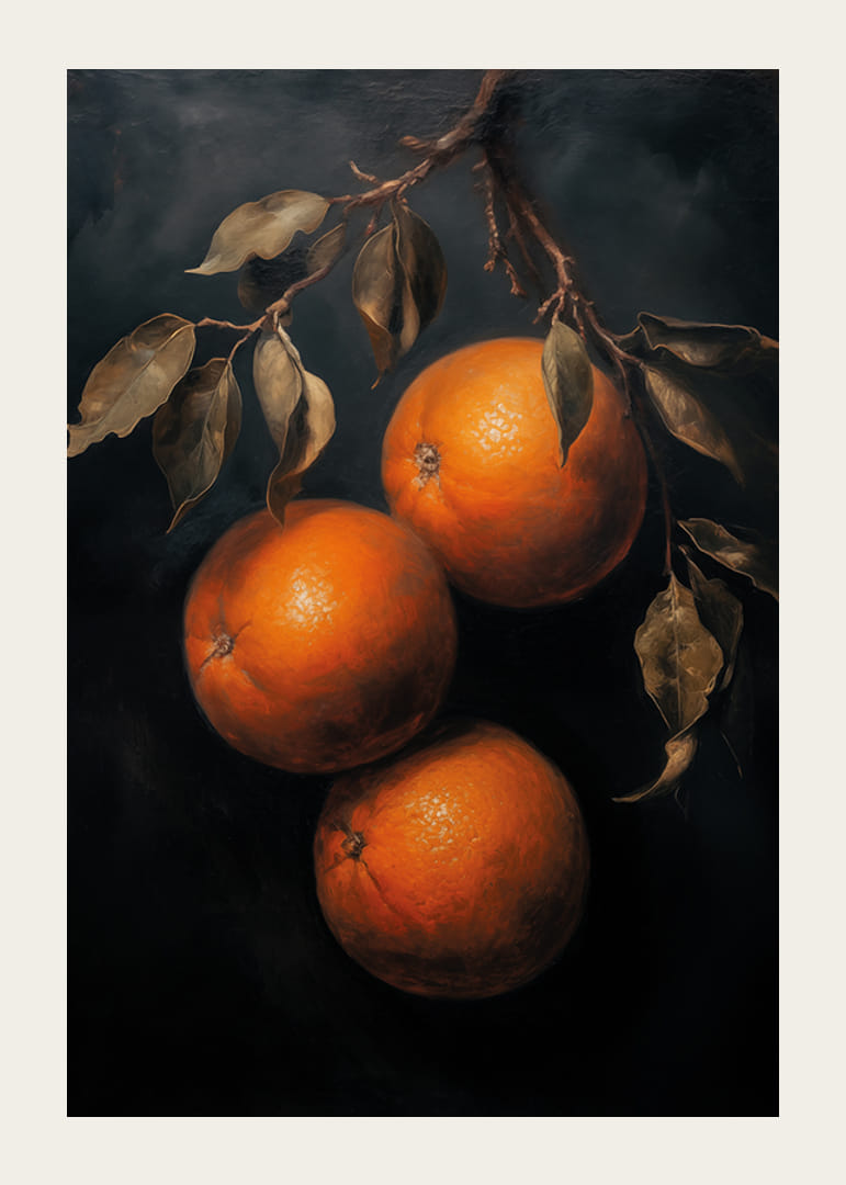 Un cartel con naranjas doradas sobre un fondo oscuro.-12