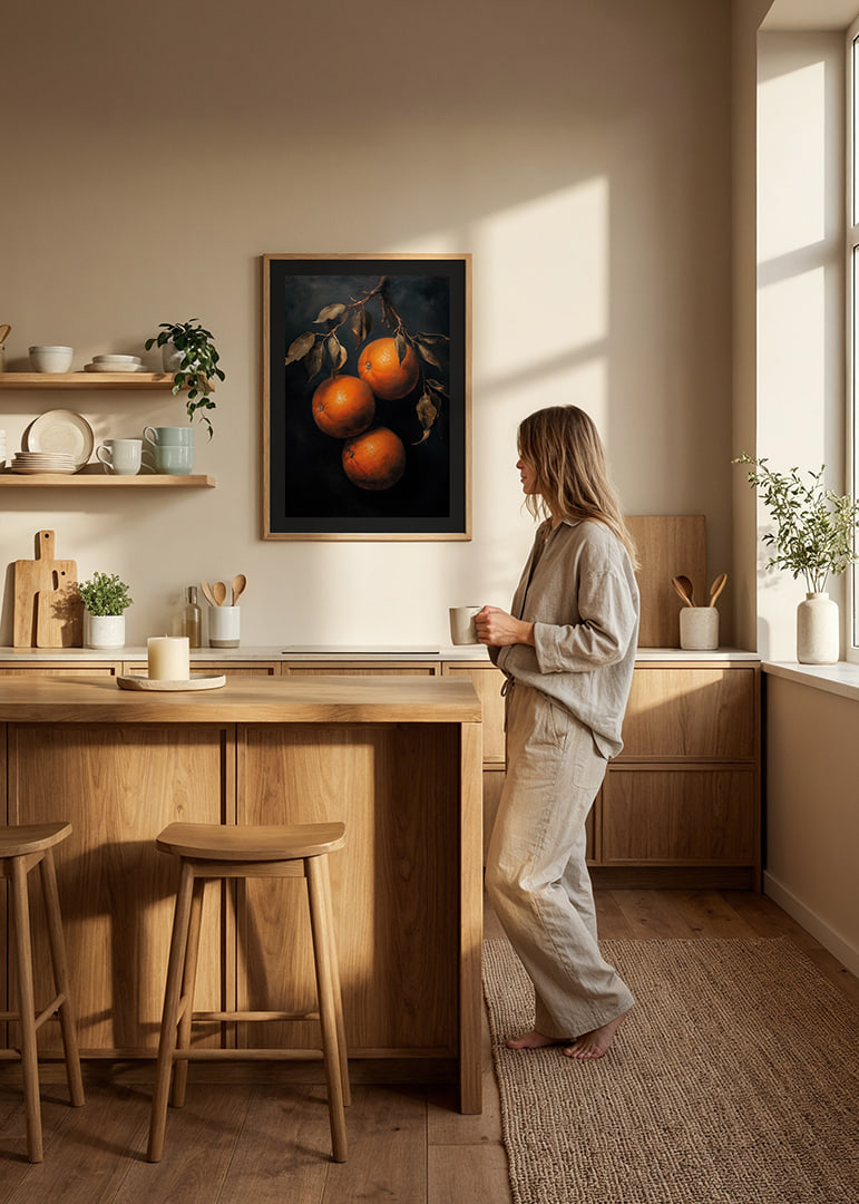 A poster with golden oranges against a dark background-12