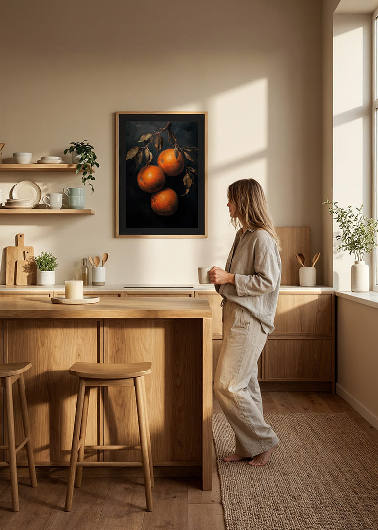 Un cartel con naranjas doradas sobre un fondo oscuro.-12