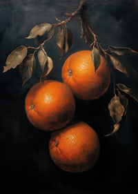 A poster with golden oranges against a dark background-7