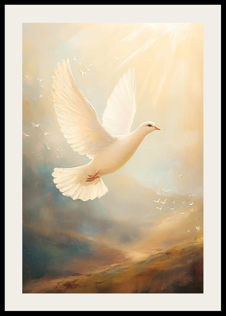 En poster med en vit duva som svävar mot himlen i ett gyllene ljus-12