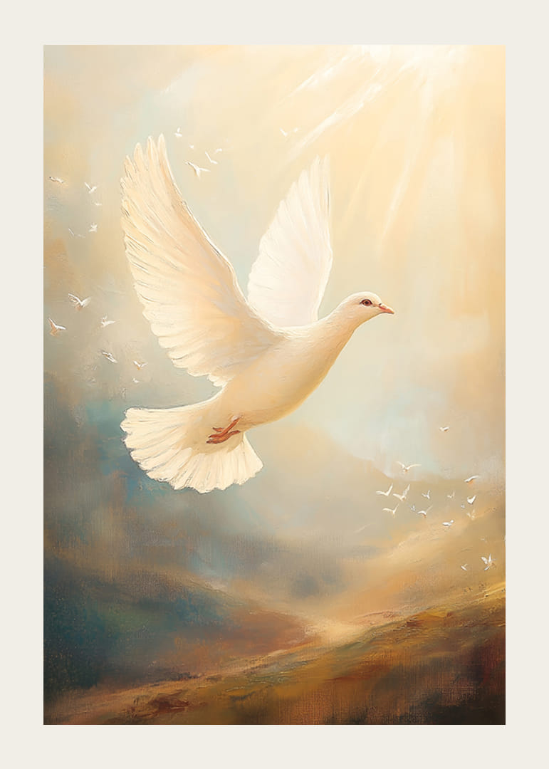 En poster med en vit duva som svävar mot himlen i ett gyllene ljus-12