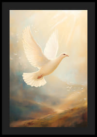 En poster med en vit duva som svävar mot himlen i ett gyllene ljus-4