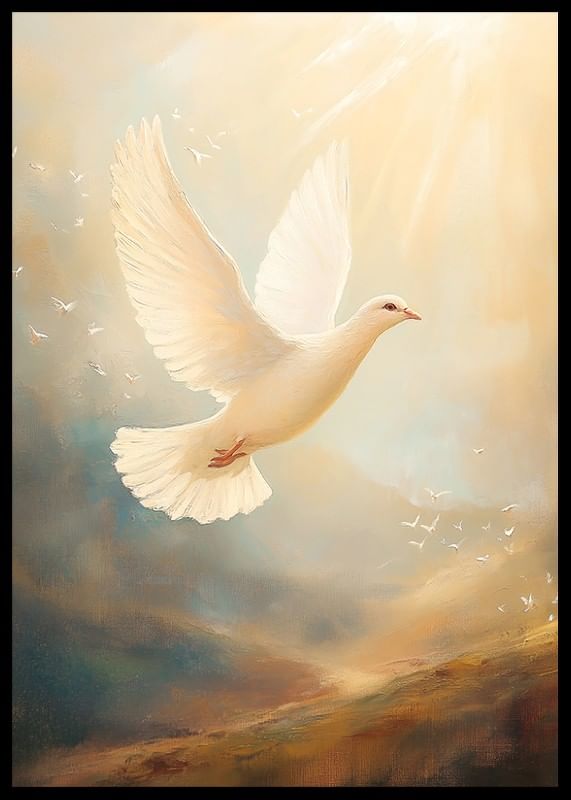 Een poster met een witte duif die in een gouden licht de lucht in vliegt-12