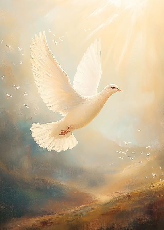 Een poster met een witte duif die in een gouden licht de lucht in vliegt-12
