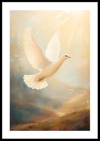 Een poster met een witte duif die in een gouden licht de lucht in vliegt-0