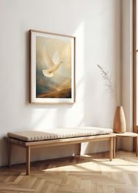 Een poster met een witte duif die in een gouden licht de lucht in vliegt-4