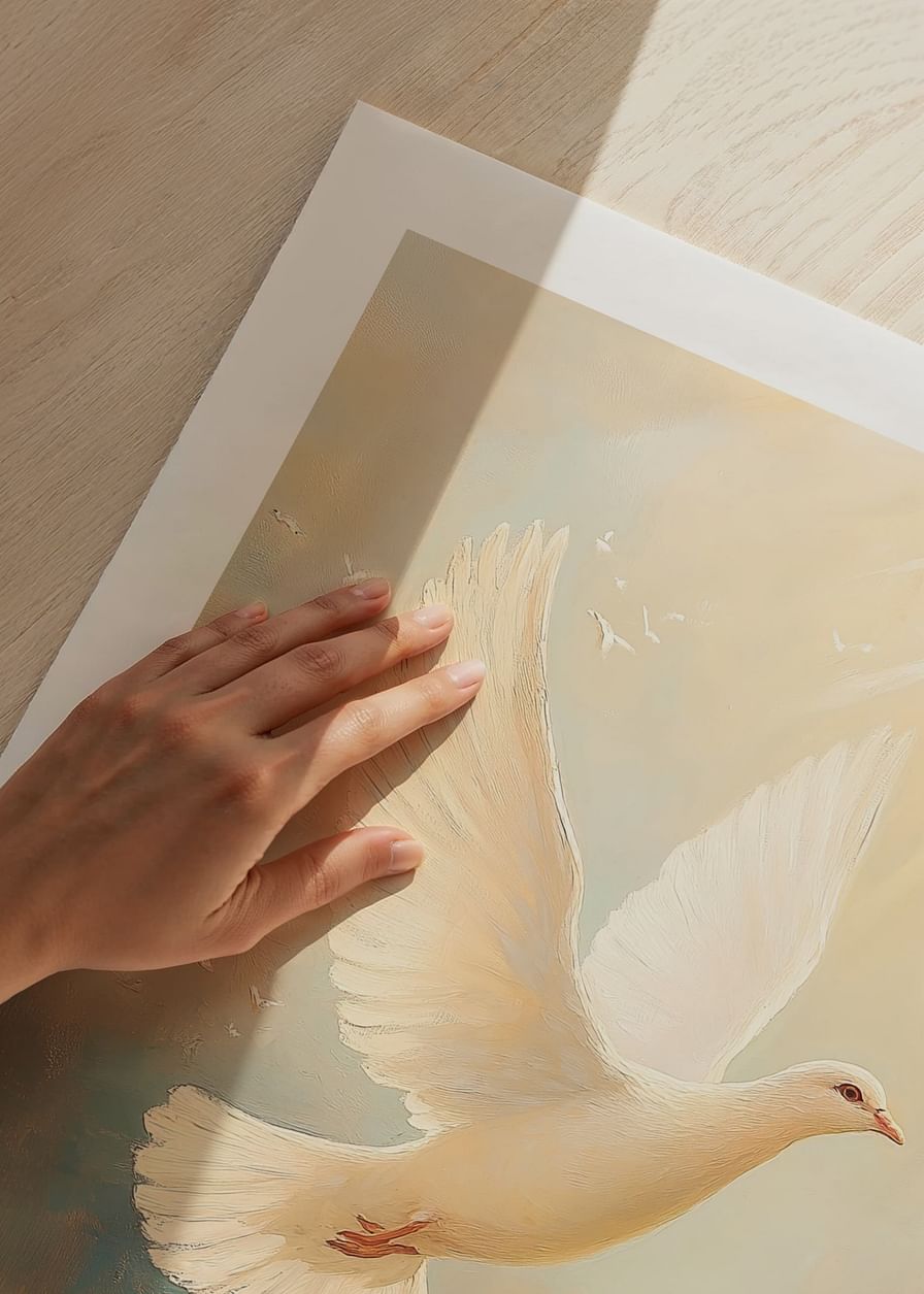 Een poster met een witte duif die in een gouden licht de lucht in vliegt-12