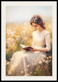 Ein Poster, das eine lesende Frau auf einer blühenden Sommerwiese zeigt-2