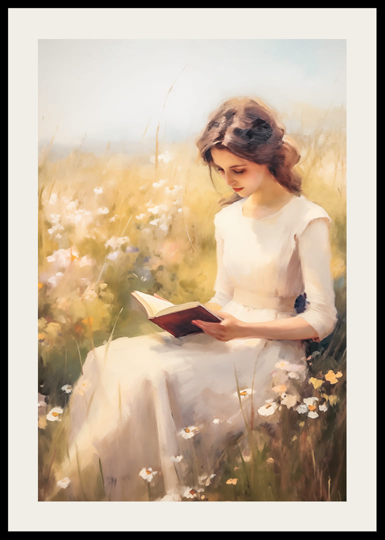 Ein Poster, das eine lesende Frau auf einer blühenden Sommerwiese zeigt-12