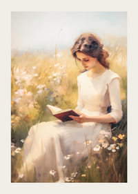 Ein Poster, das eine lesende Frau auf einer blühenden Sommerwiese zeigt-3