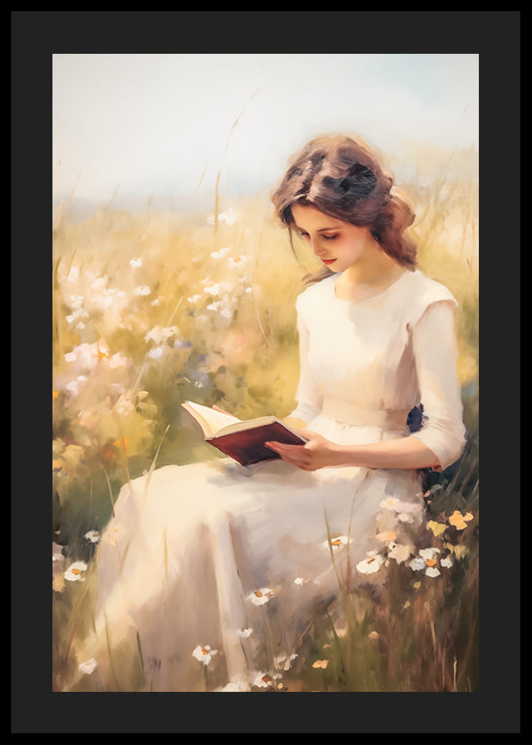 Ein Poster, das eine lesende Frau auf einer blühenden Sommerwiese zeigt-12