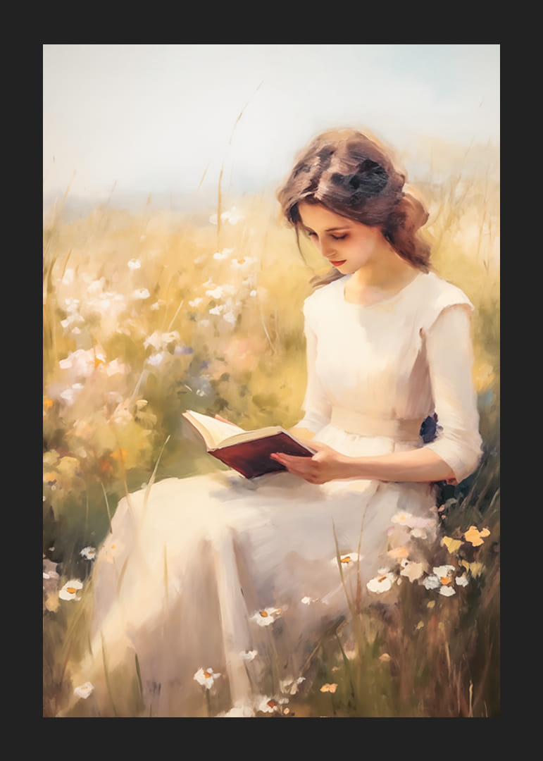Ein Poster, das eine lesende Frau auf einer blühenden Sommerwiese zeigt-12