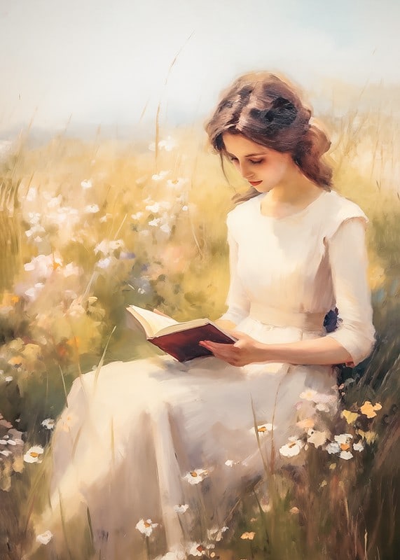 A poster depicting a woman reading in a blooming summer meadow-12