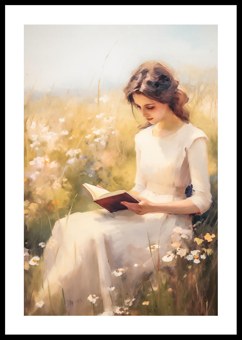 A poster depicting a woman reading in a blooming summer meadow-12
