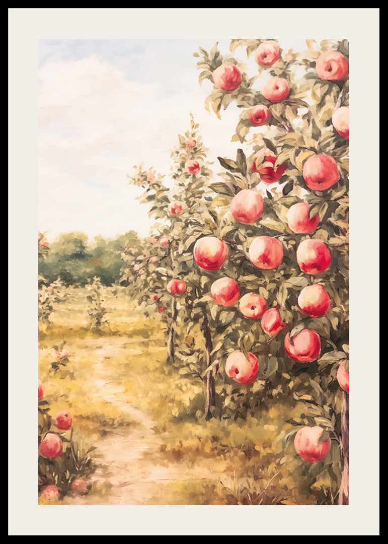 A poster depicting a sunlit apple orchard filled with ripe apples and an inviting path-12