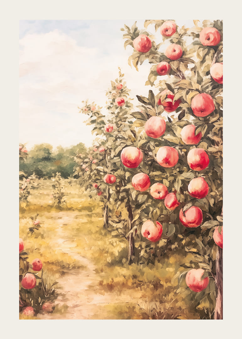 A poster depicting a sunlit apple orchard filled with ripe apples and an inviting path-12
