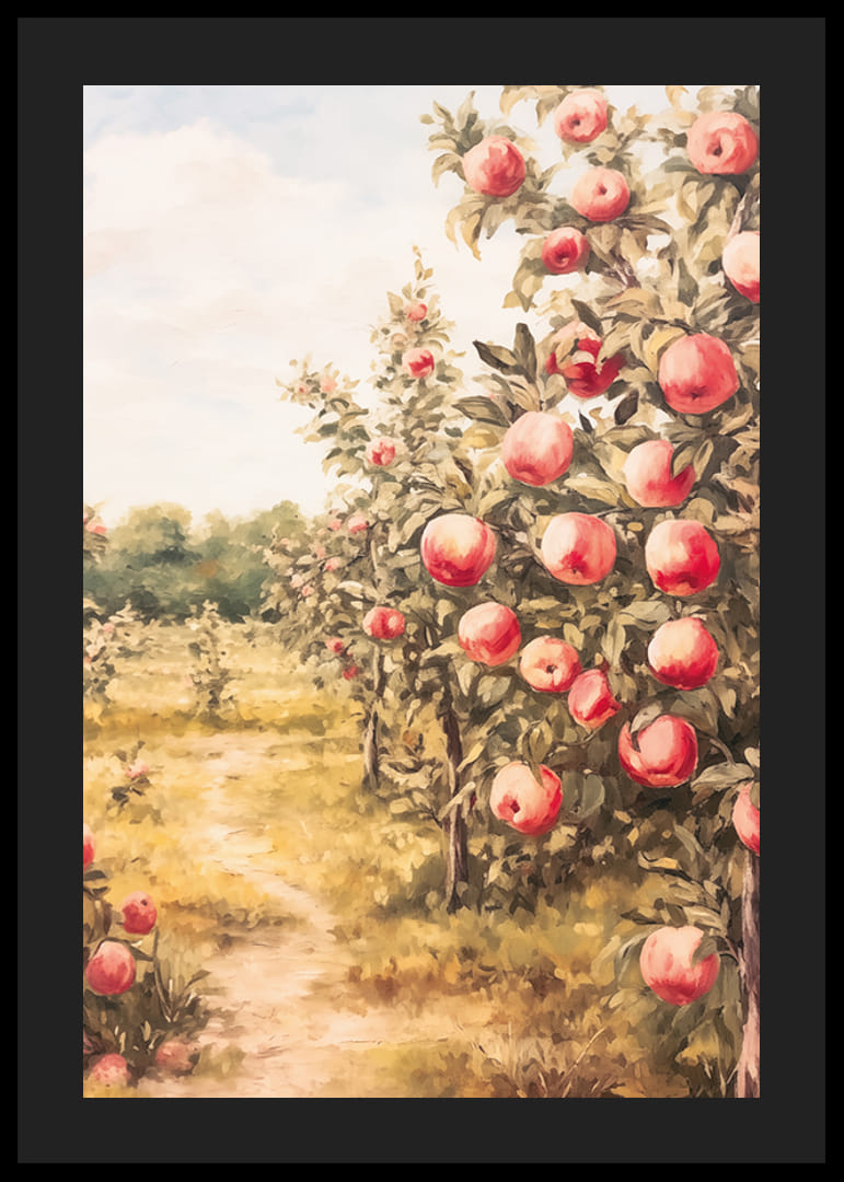 A poster depicting a sunlit apple orchard filled with ripe apples and an inviting path-12