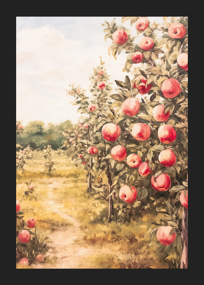 A poster depicting a sunlit apple orchard filled with ripe apples and an inviting path-12