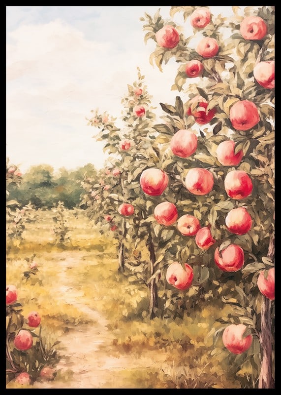 A poster depicting a sunlit apple orchard filled with ripe apples and an inviting path-12