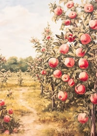 A poster depicting a sunlit apple orchard filled with ripe apples and an inviting path-7