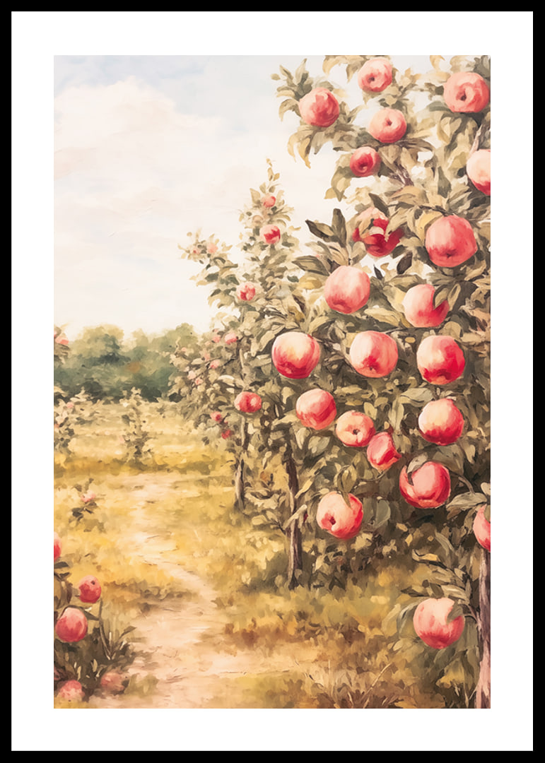 A poster depicting a sunlit apple orchard filled with ripe apples and an inviting path-12