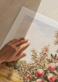 A poster depicting a sunlit apple orchard filled with ripe apples and an inviting path-9