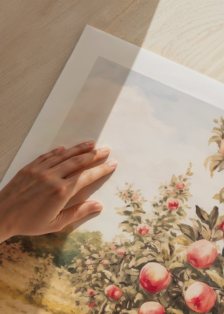 A poster depicting a sunlit apple orchard filled with ripe apples and an inviting path-12