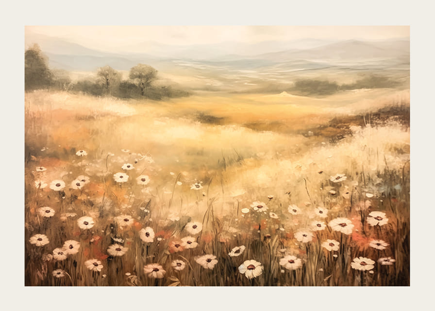 Plagát zobrazujúci slnkom osvetlenú letnú lúku s kvetmi-12