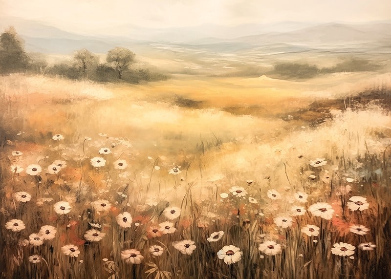 A poster depicting a sunlit summer meadow with flowers-12