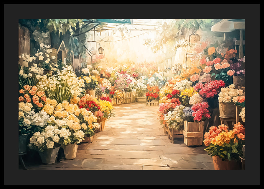 Un poster che cattura un mercato dei fiori illuminato dal sole con mazzi di fiori colorati-12