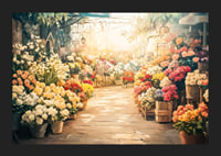 Un poster che cattura un mercato dei fiori illuminato dal sole con mazzi di fiori colorati-5
